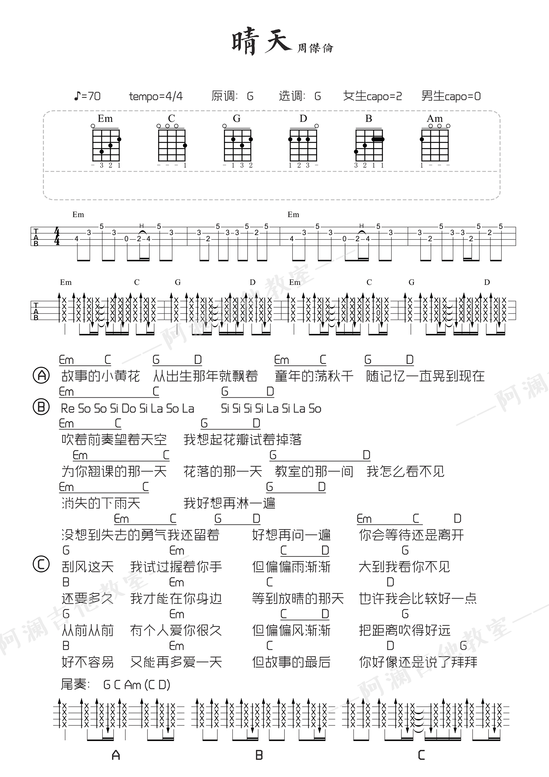 《晴天》尤克里里谱 周杰伦 G调阿澜教学版