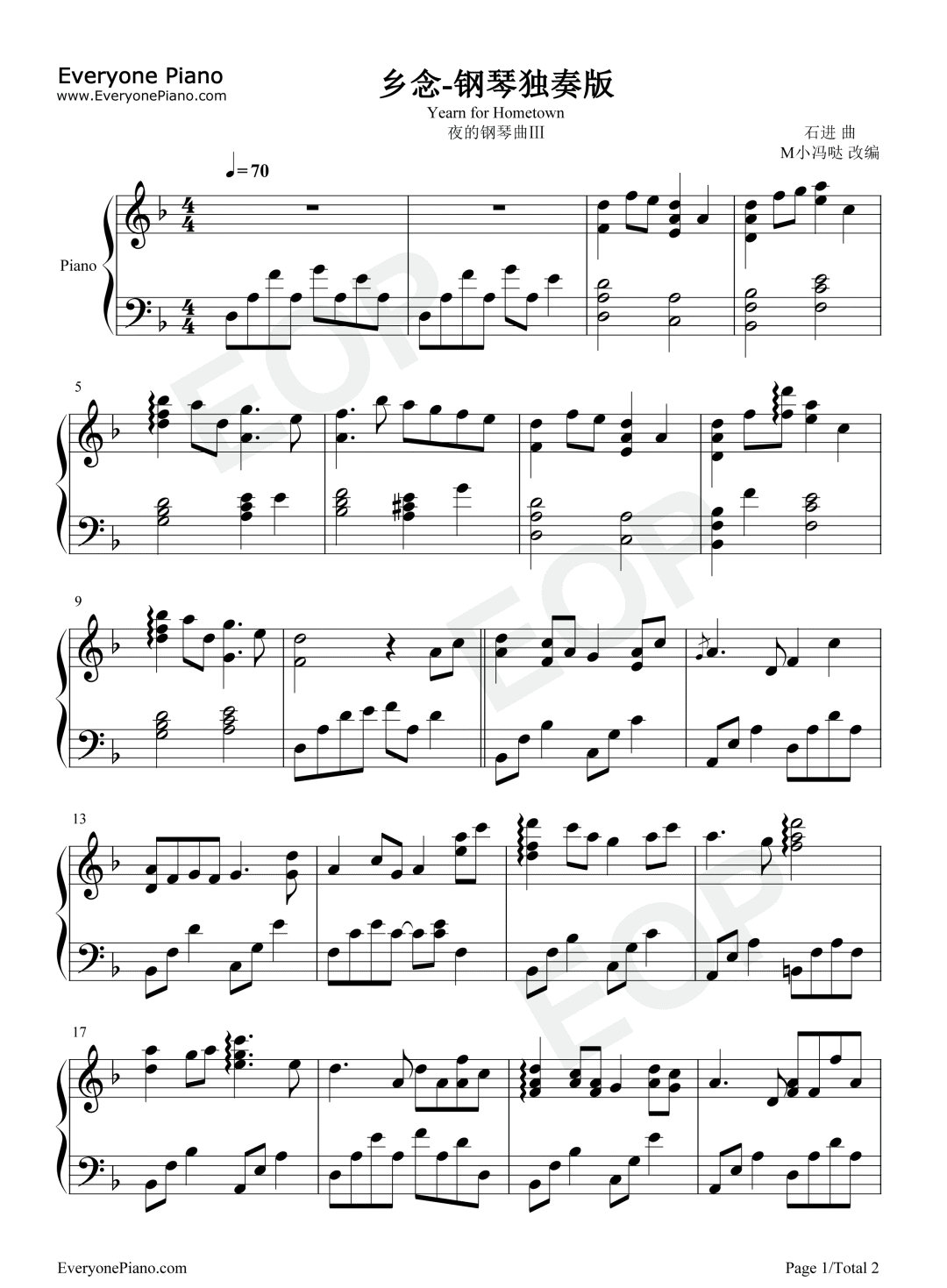 《乡念》钢琴独奏版曲谱，夜的钢琴曲Ⅲ