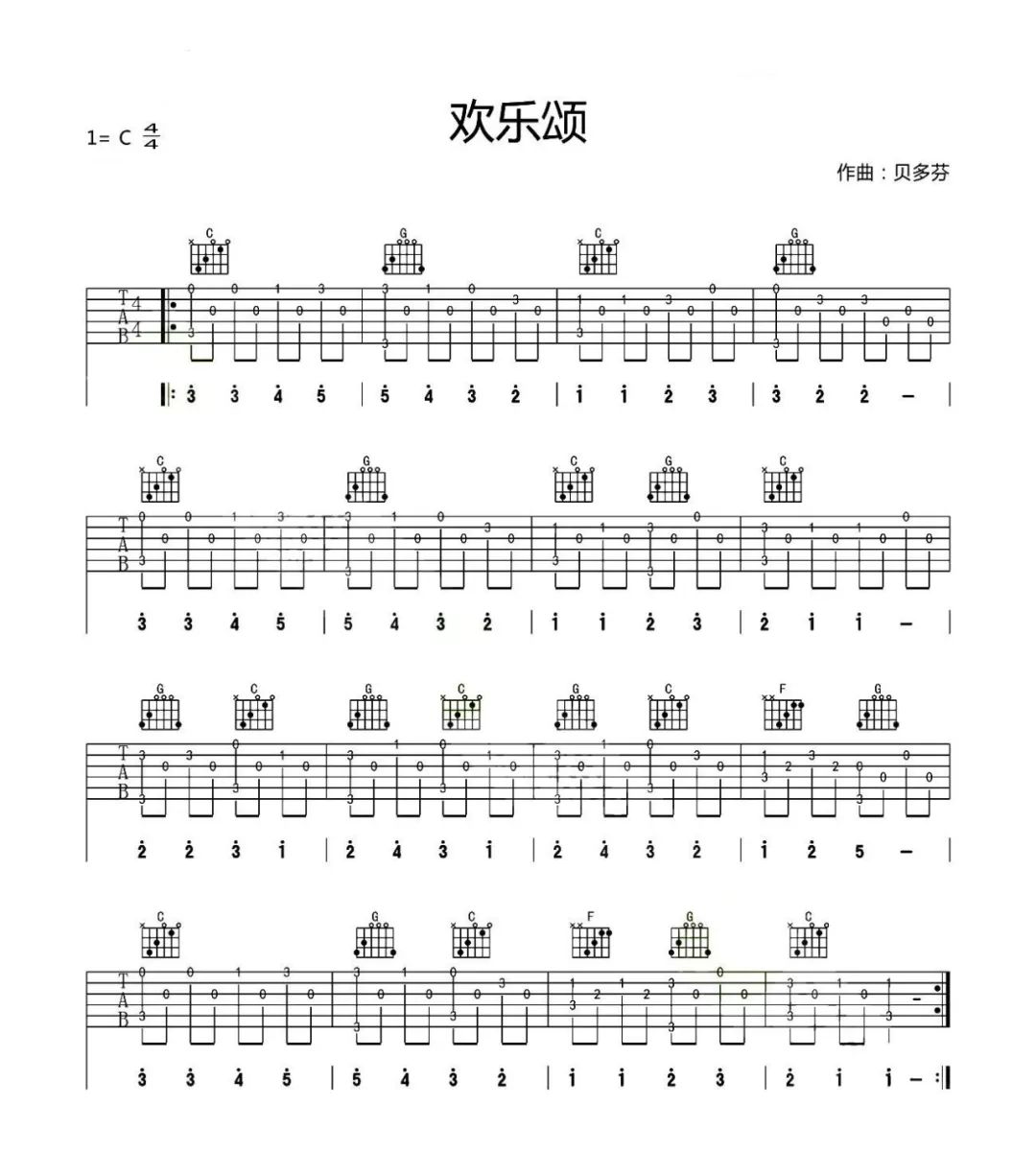 贝多芬《欢乐颂》新手入门级指弹吉他谱