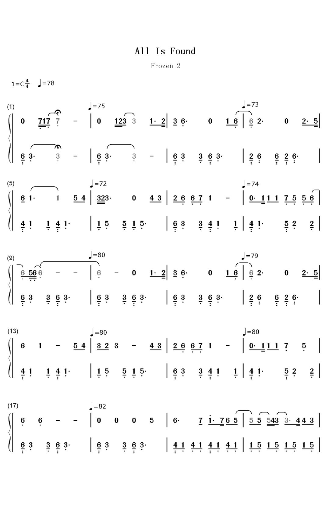 吉娜《回忆之河All Is Found》钢琴简谱，冰雪奇缘2插曲