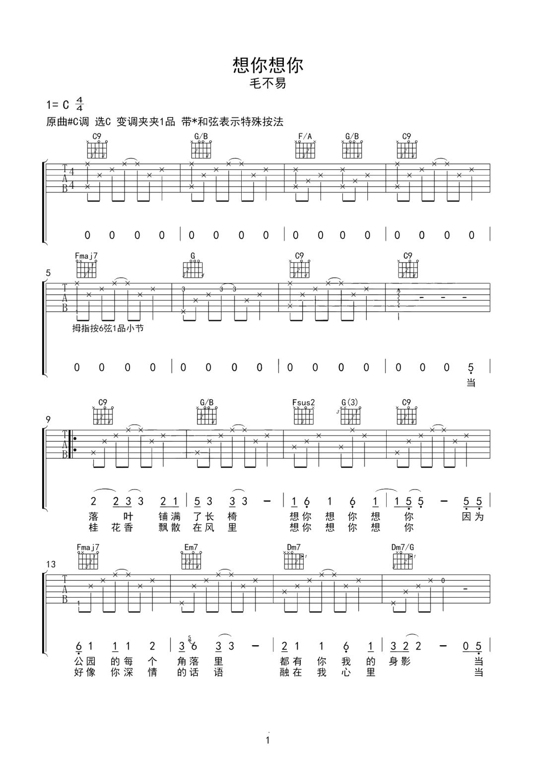 毛不易《想你想你》吉他谱